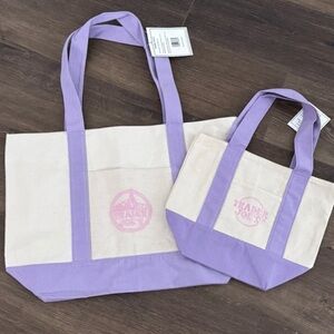 Trader Joe's set of Large and Mini Lavender & Cream Canvas Tote Bags